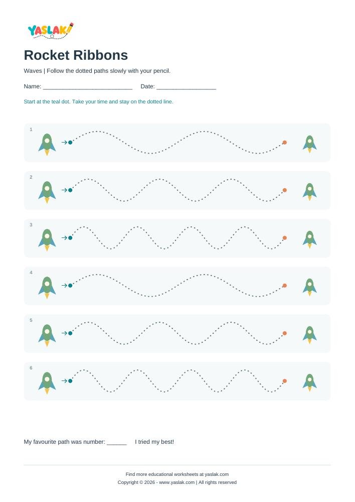 Rocket Ribbons - Tracing Lines colour tracing worksheet with YASLAK logo and copyright