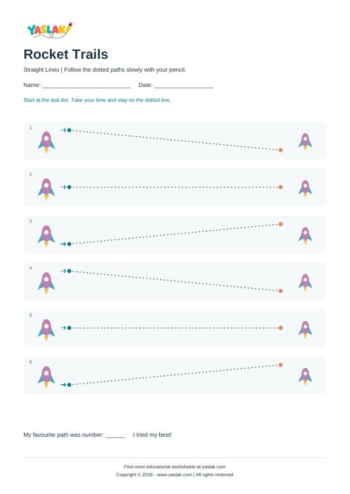 Rocket Trails - Tracing Lines colour tracing worksheet with YASLAK logo and copyright