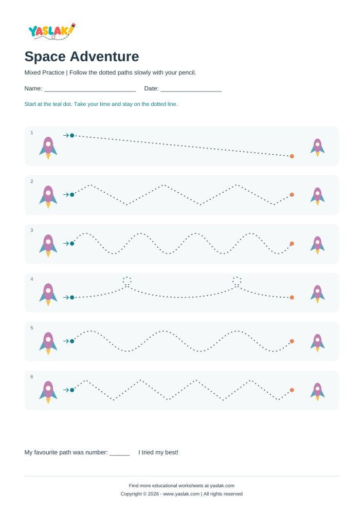 Space Adventure - Tracing Lines colour tracing worksheet with YASLAK logo and copyright