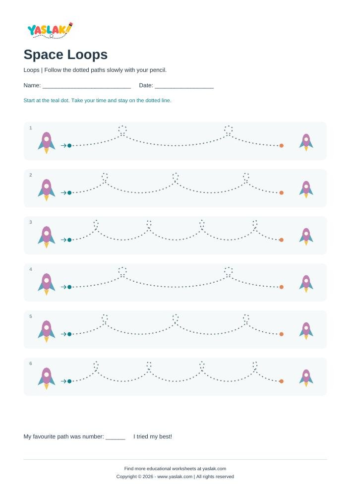 Space Loops - Tracing Lines colour tracing worksheet with YASLAK logo and copyright