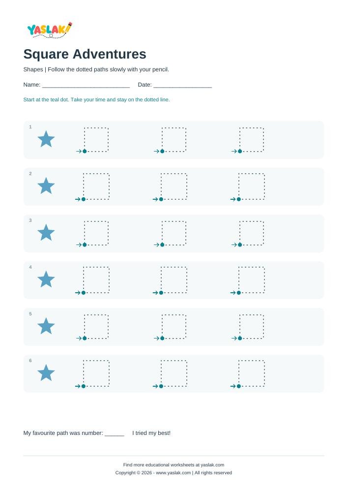 Square Adventures - Tracing Lines colour tracing worksheet with YASLAK logo and copyright