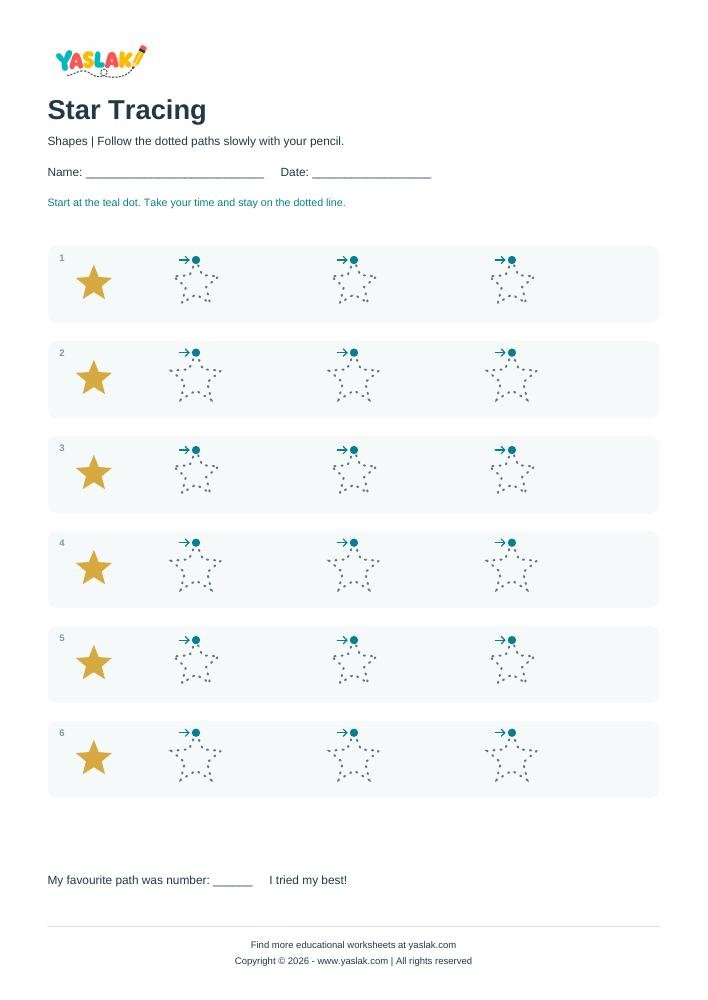 Star Tracing - Tracing Lines colour tracing worksheet with YASLAK logo and copyright