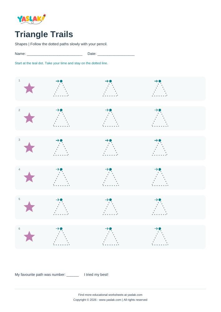 Triangle Trails - Tracing Lines colour tracing worksheet with YASLAK logo and copyright