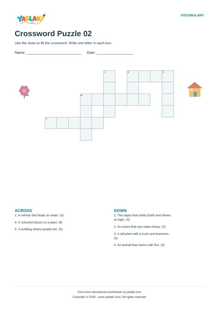 Crossword Puzzle 02 worksheet with YASLAK logo and copyright