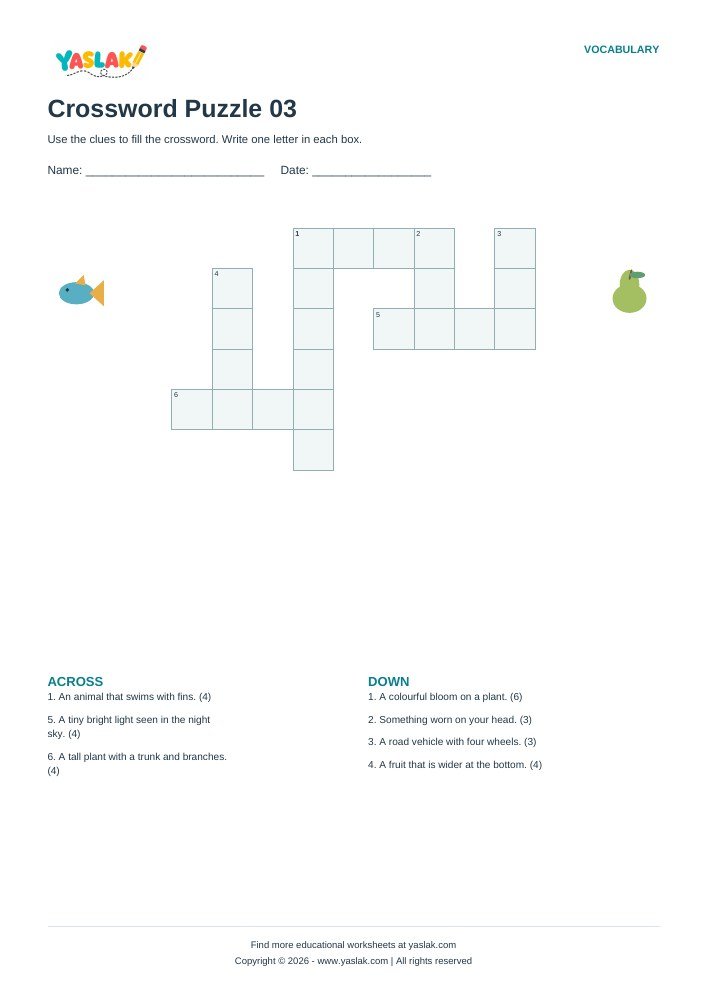 Crossword Puzzle 03 worksheet with YASLAK logo and copyright