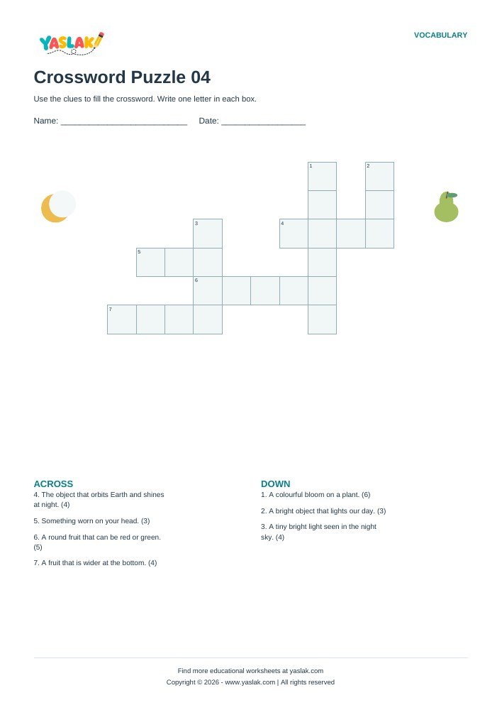 Crossword Puzzle 04 worksheet with YASLAK logo and copyright