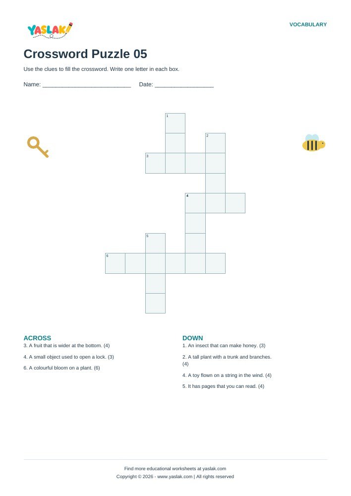 Crossword Puzzle 05 worksheet with YASLAK logo and copyright