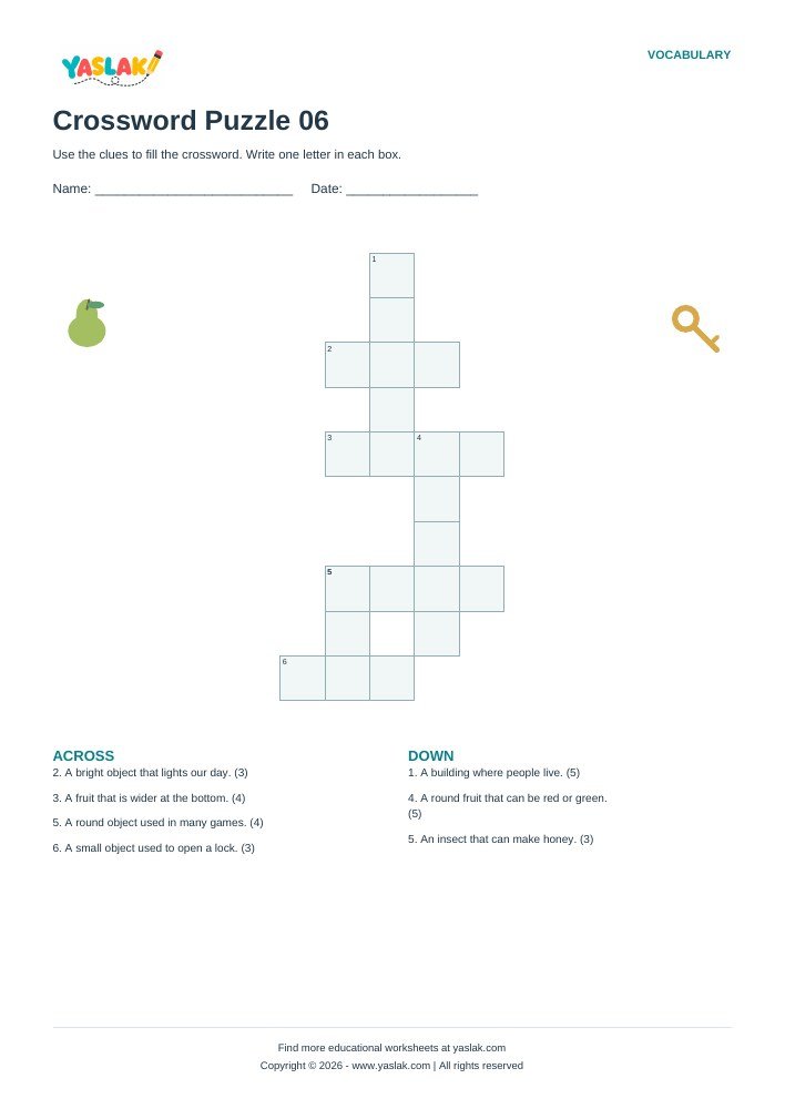 Crossword Puzzle 06 worksheet with YASLAK logo and copyright