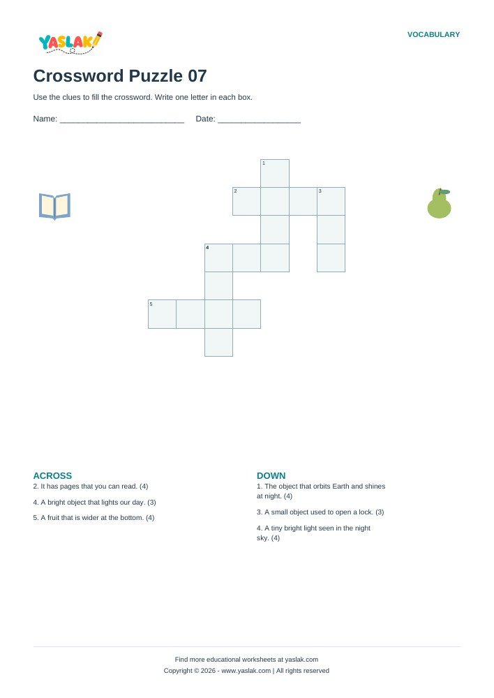 Crossword Puzzle 07 worksheet with YASLAK logo and copyright