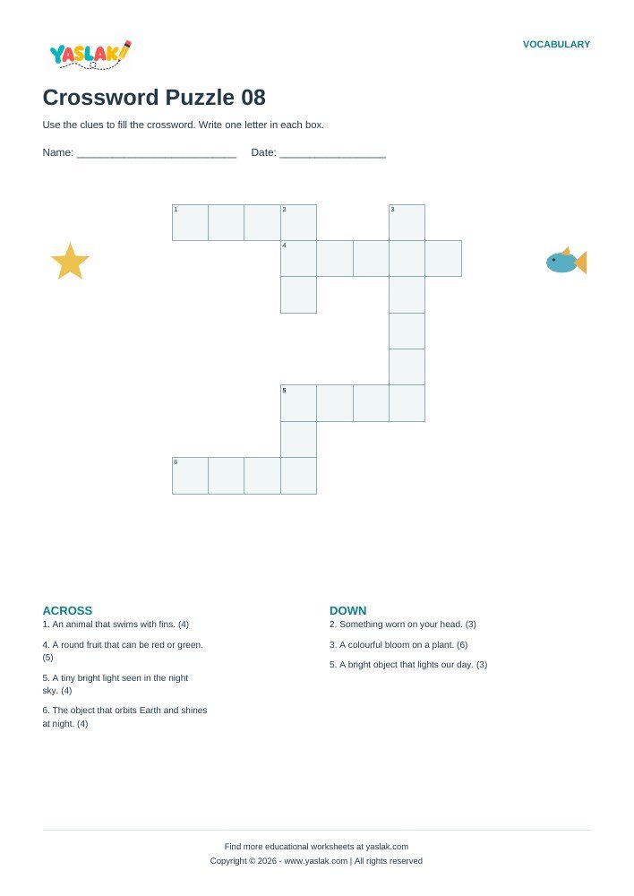 Crossword Puzzle 08 worksheet with YASLAK logo and copyright