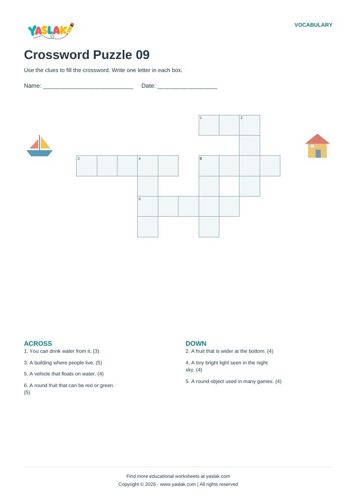 Crossword Puzzle 09 worksheet with YASLAK logo and copyright