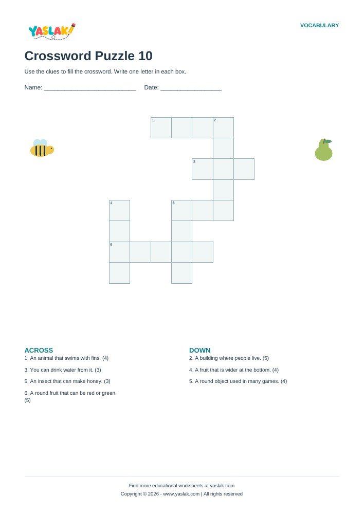Crossword Puzzle 10 worksheet with YASLAK logo and copyright