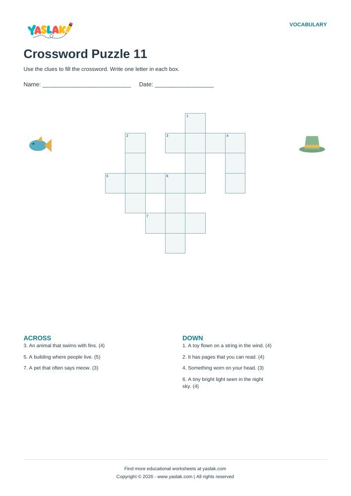 Crossword Puzzle 11 worksheet with YASLAK logo and copyright