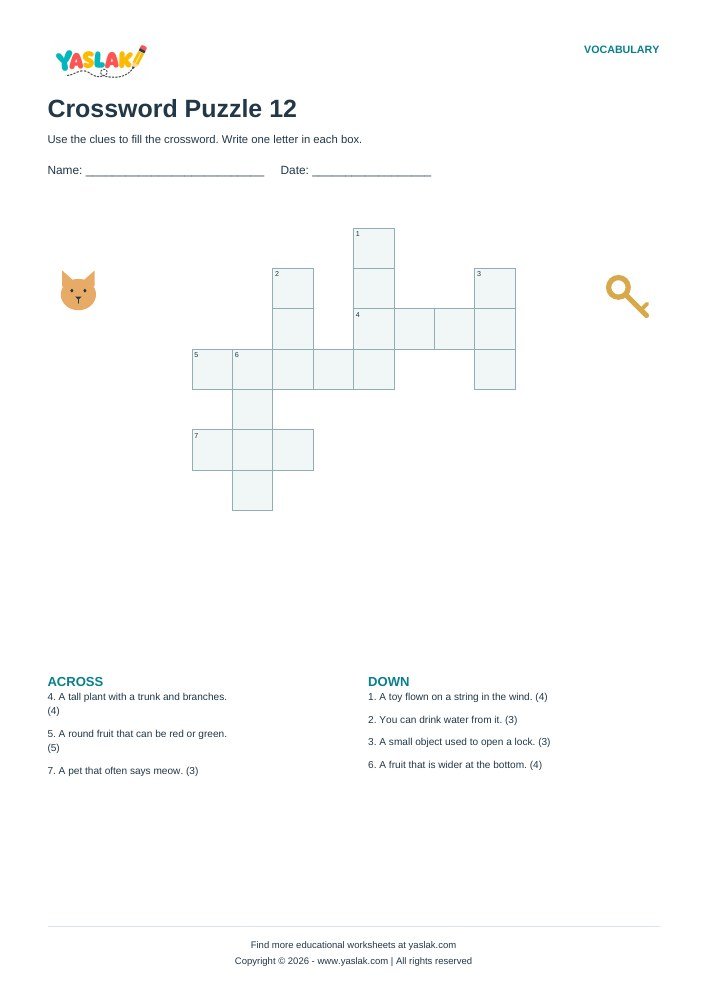 Crossword Puzzle 12 worksheet with YASLAK logo and copyright