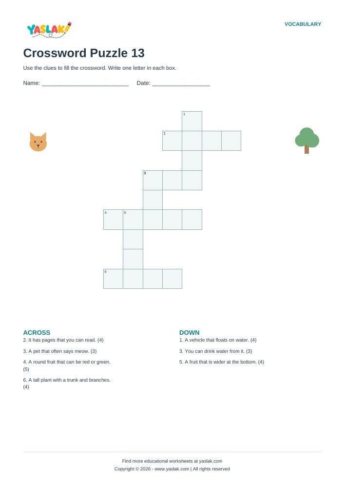 Crossword Puzzle 13 worksheet with YASLAK logo and copyright