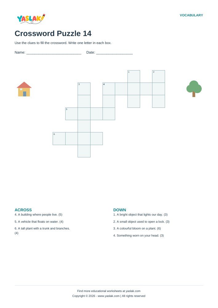 Crossword Puzzle 14 worksheet with YASLAK logo and copyright