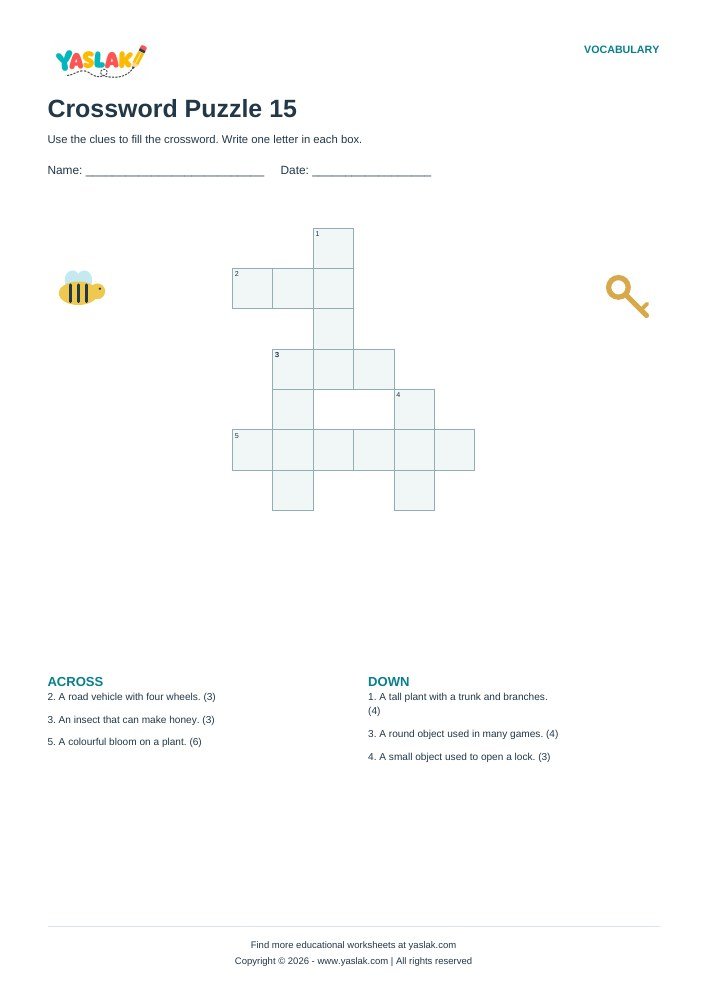 Crossword Puzzle 15 worksheet with YASLAK logo and copyright
