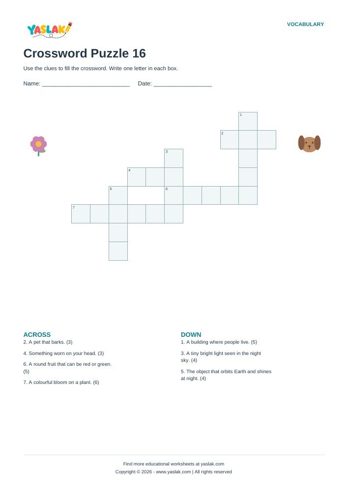 Crossword Puzzle 16 worksheet with YASLAK logo and copyright
