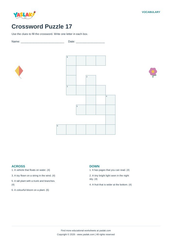 Crossword Puzzle 17 worksheet with YASLAK logo and copyright
