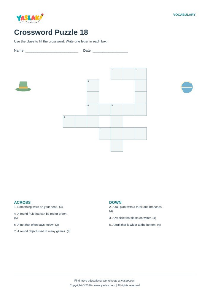 Crossword Puzzle 18 worksheet with YASLAK logo and copyright