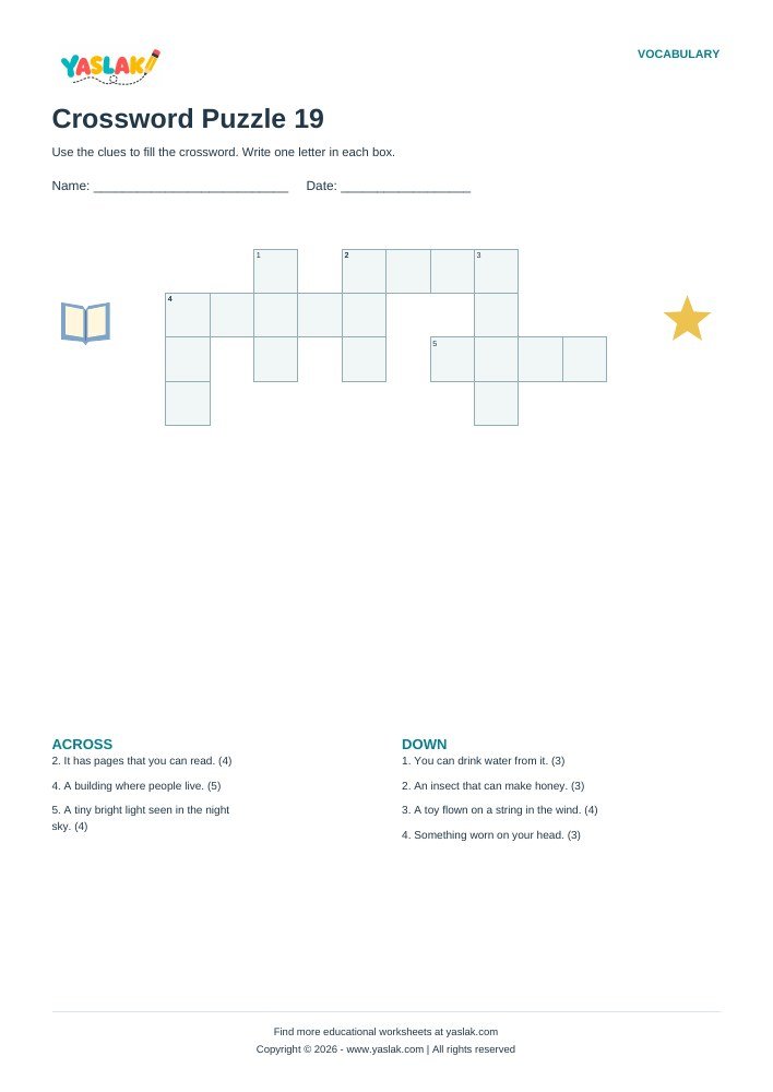 Crossword Puzzle 19 worksheet with YASLAK logo and copyright