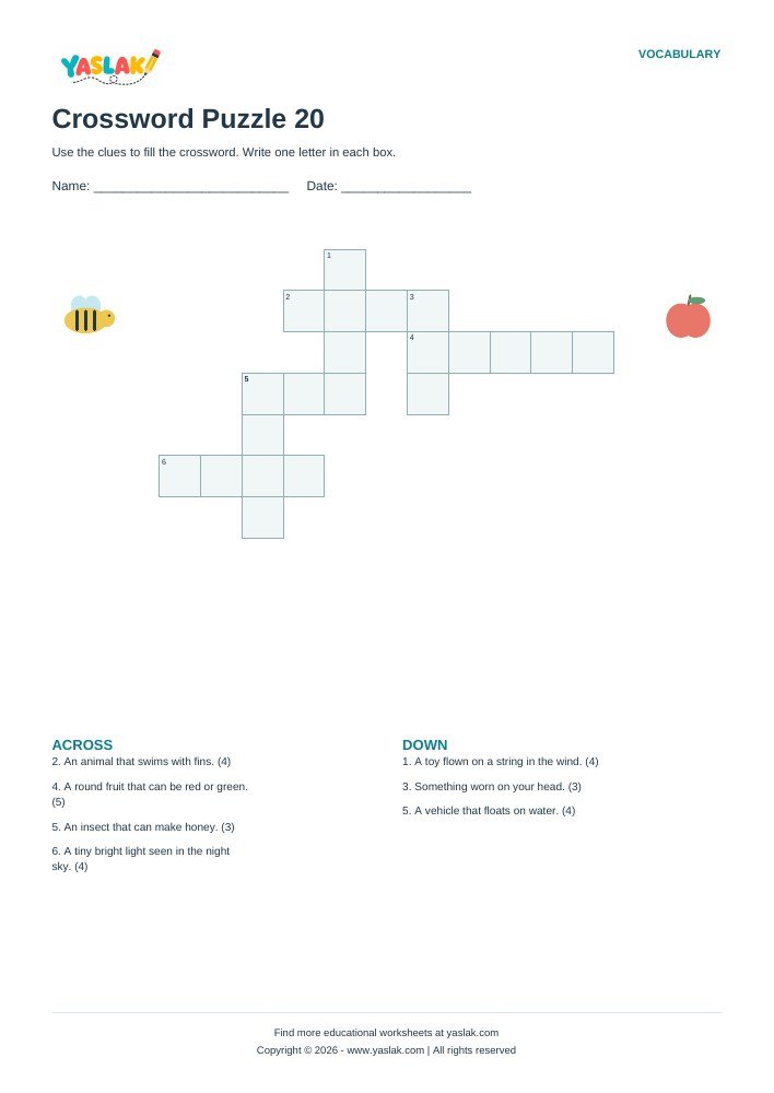 Crossword Puzzle 20 worksheet with YASLAK logo and copyright