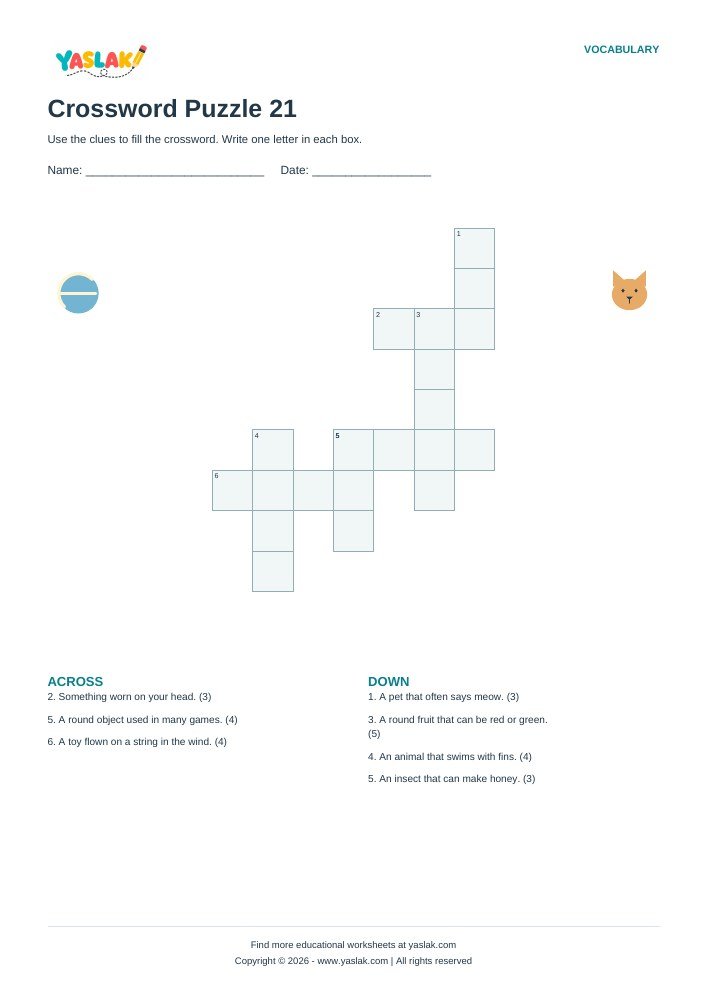 Crossword Puzzle 21 worksheet with YASLAK logo and copyright