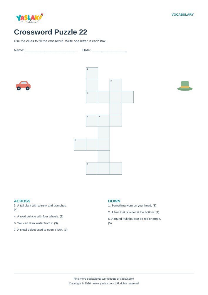 Crossword Puzzle 22 worksheet with YASLAK logo and copyright