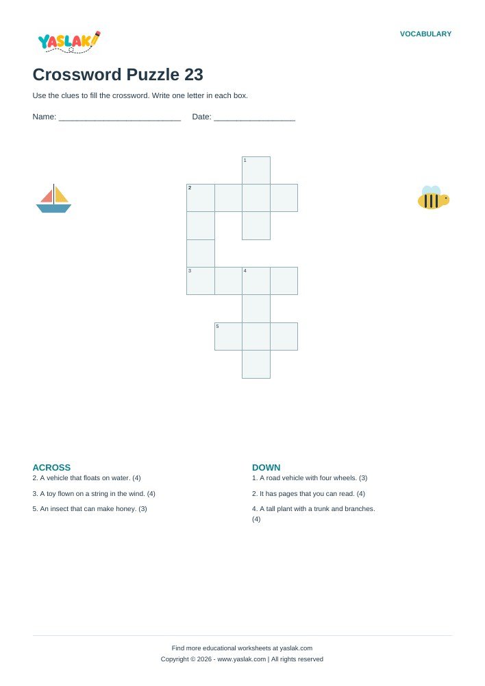 Crossword Puzzle 23 worksheet with YASLAK logo and copyright