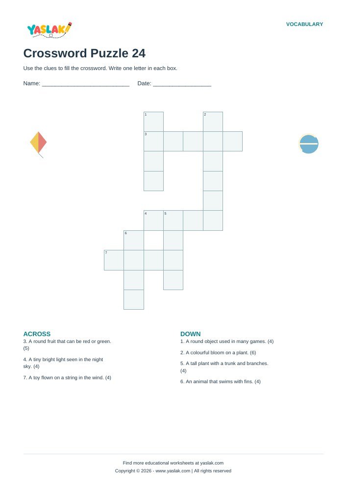 Crossword Puzzle 24 worksheet with YASLAK logo and copyright