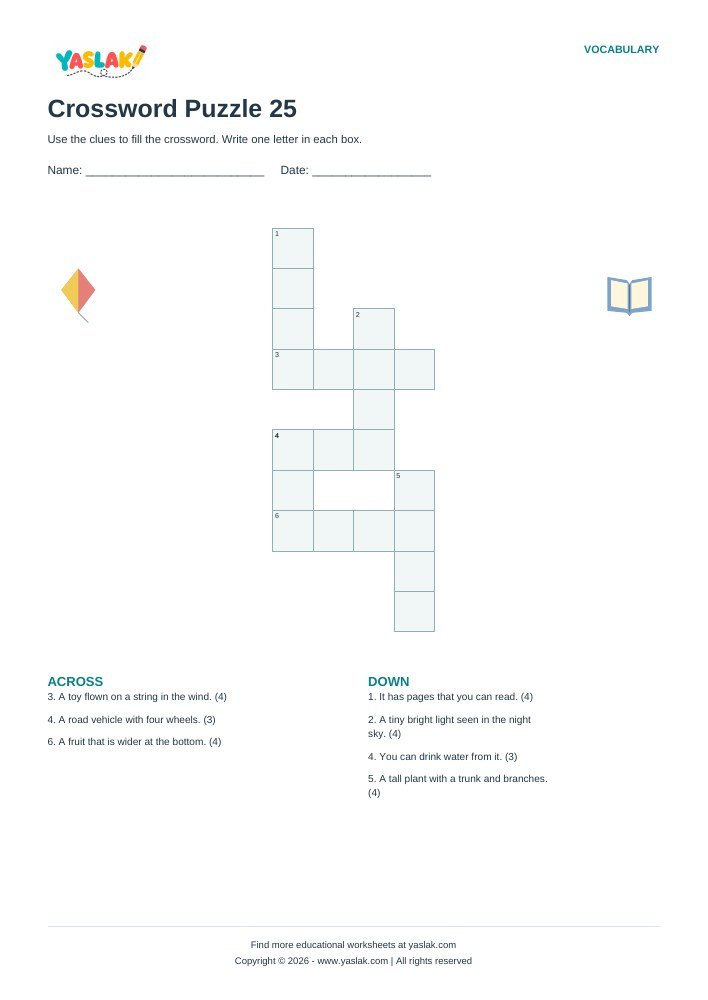Crossword Puzzle 25 worksheet with YASLAK logo and copyright