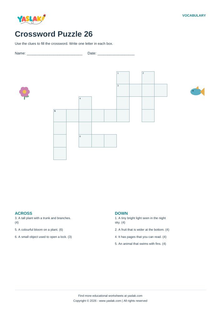 Crossword Puzzle 26 worksheet with YASLAK logo and copyright