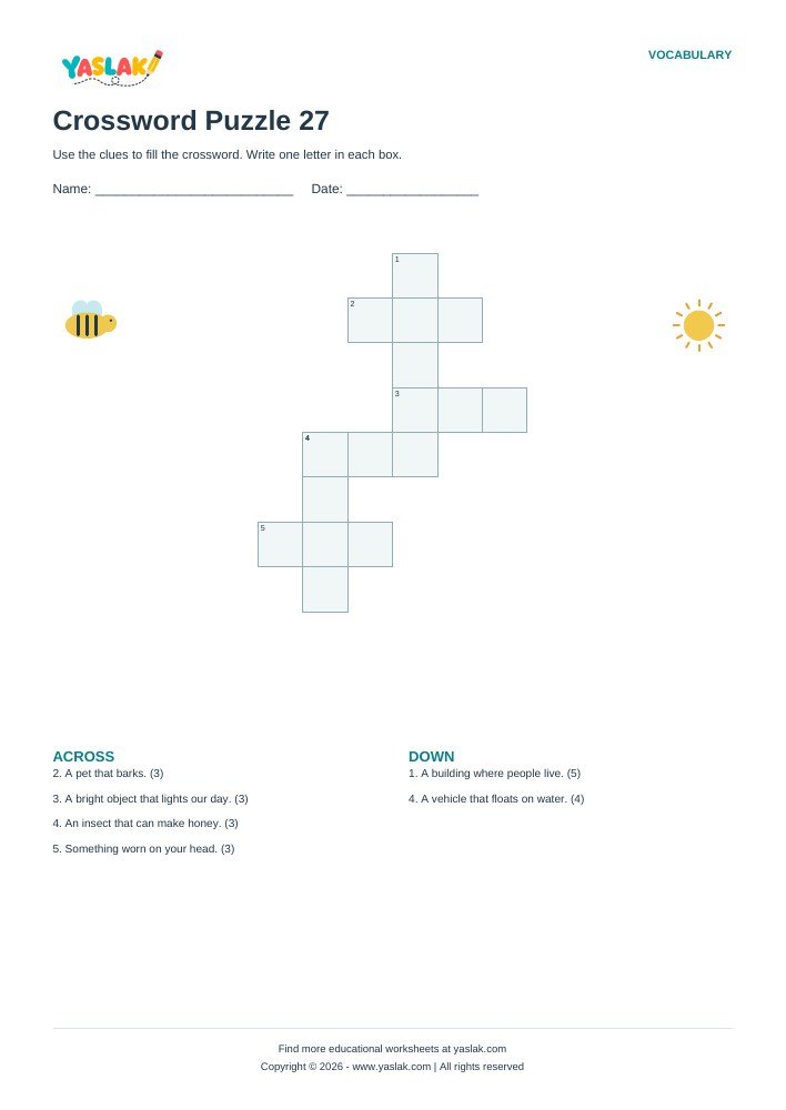Crossword Puzzle 27 worksheet with YASLAK logo and copyright