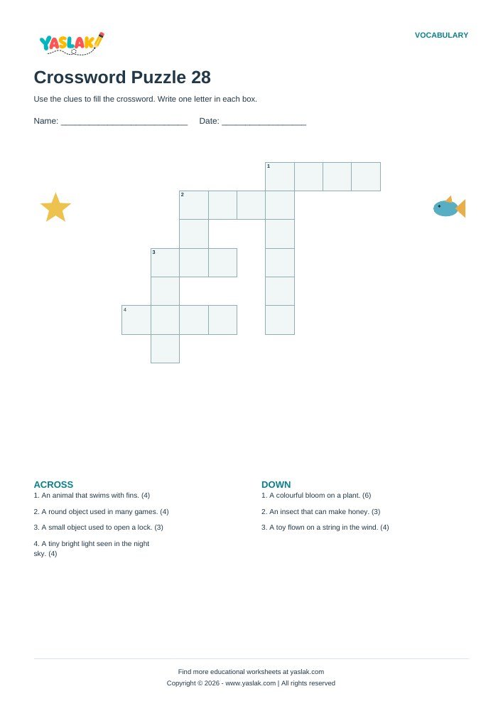 Crossword Puzzle 28 worksheet with YASLAK logo and copyright