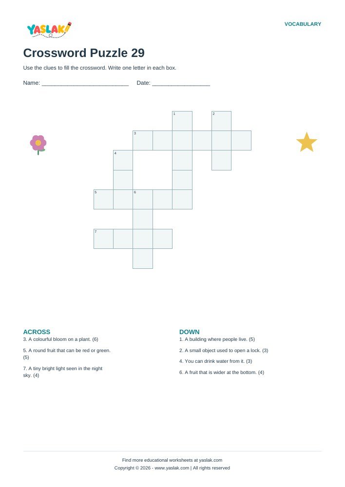 Crossword Puzzle 29 worksheet with YASLAK logo and copyright