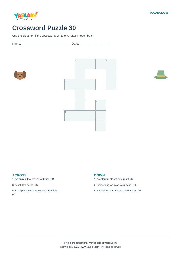 Crossword Puzzle 30 worksheet with YASLAK logo and copyright