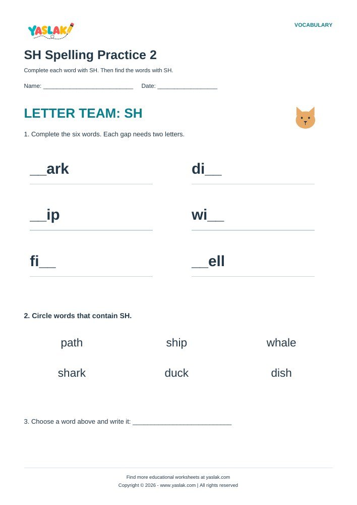 SH Spelling Practice 2 worksheet with YASLAK logo and copyright