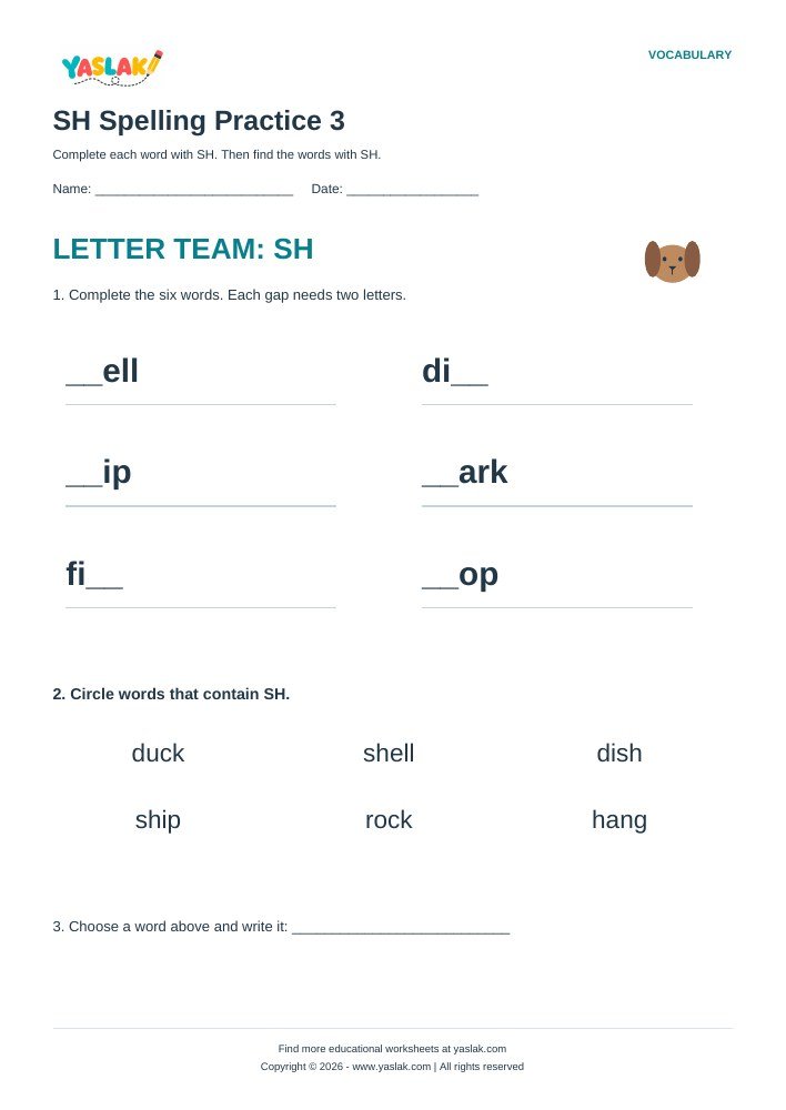 SH Spelling Practice 3 worksheet with YASLAK logo and copyright