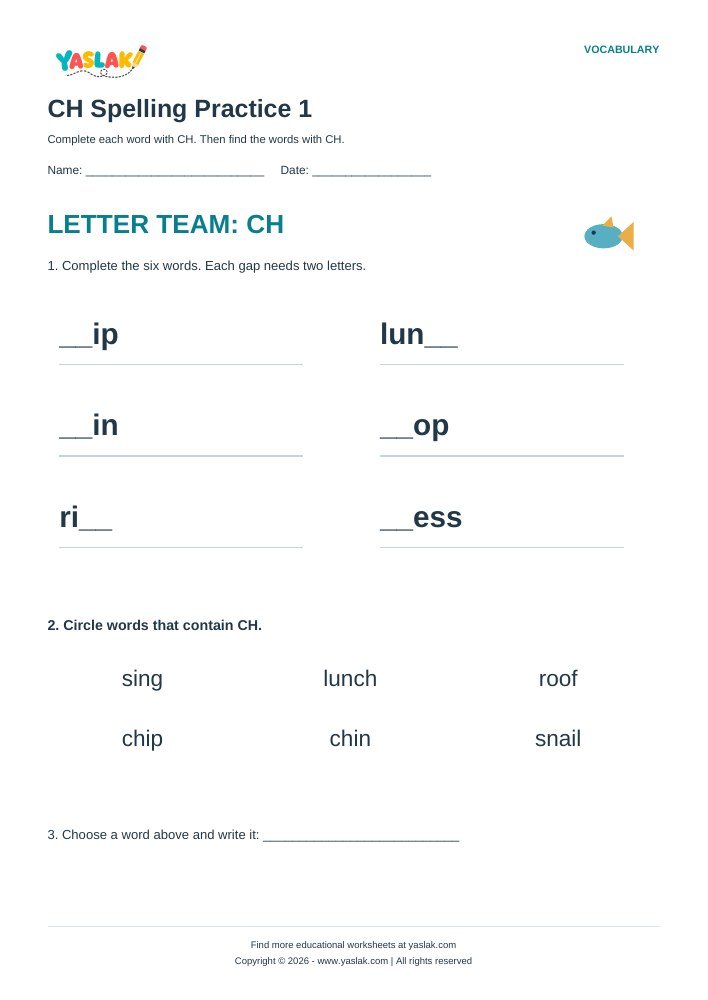 CH Spelling Practice 1 worksheet with YASLAK logo and copyright