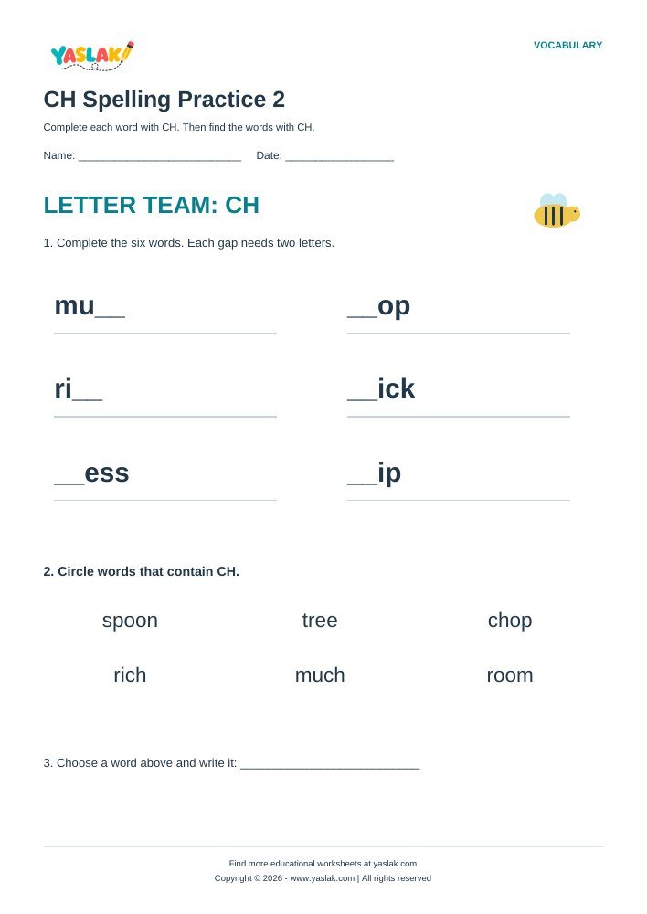 CH Spelling Practice 2 worksheet with YASLAK logo and copyright