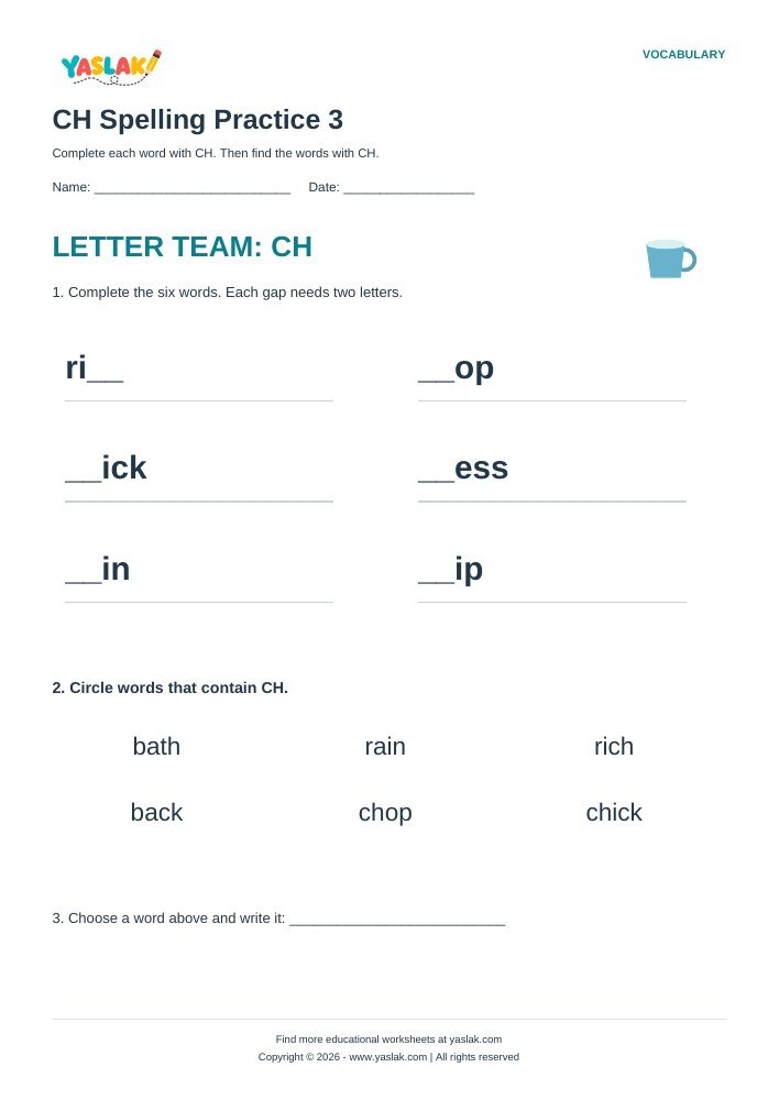 CH Spelling Practice 3 worksheet with YASLAK logo and copyright