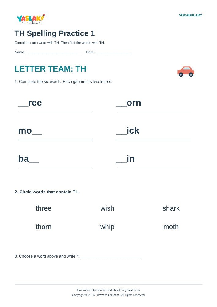TH Spelling Practice 1 worksheet with YASLAK logo and copyright