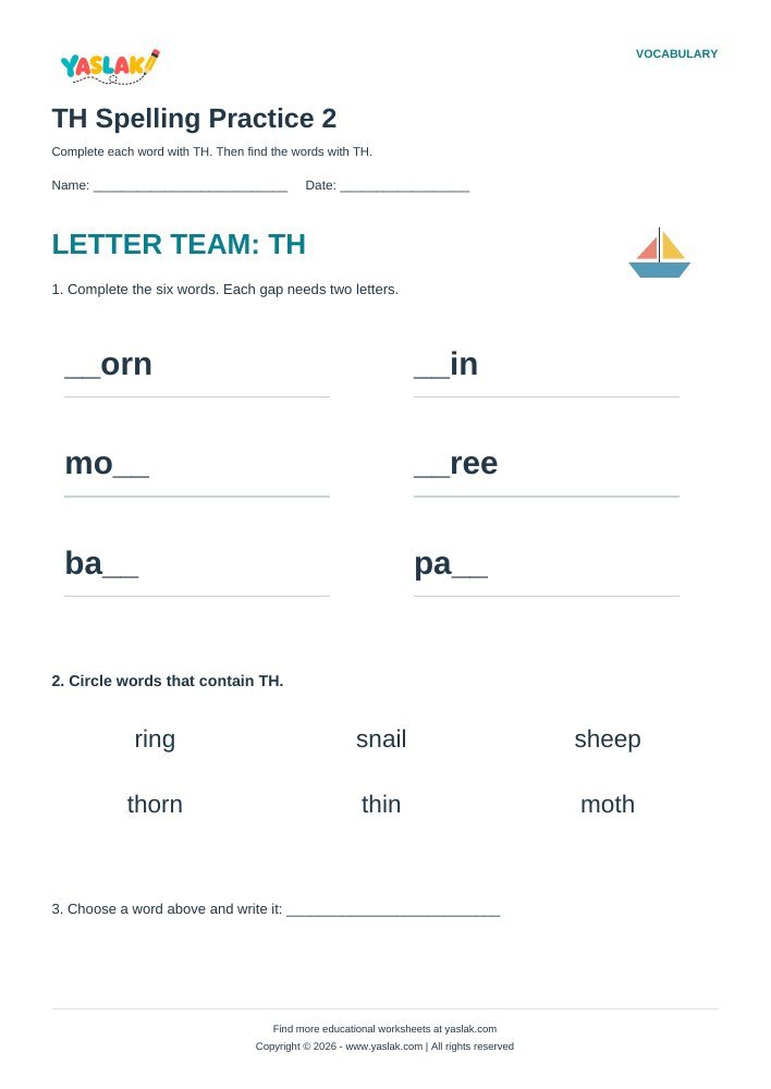 TH Spelling Practice 2 worksheet with YASLAK logo and copyright