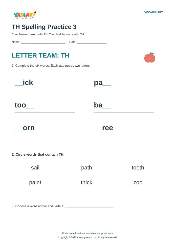 TH Spelling Practice 3 worksheet with YASLAK logo and copyright