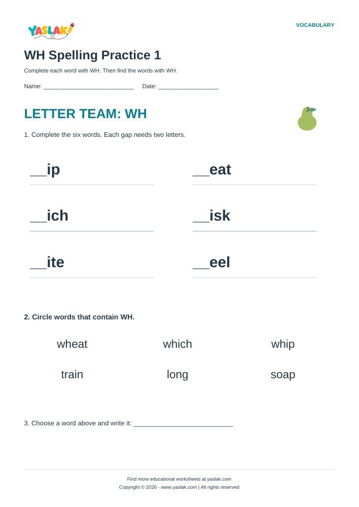 WH Spelling Practice 1 worksheet with YASLAK logo and copyright