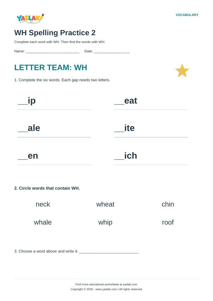 WH Spelling Practice 2 worksheet with YASLAK logo and copyright