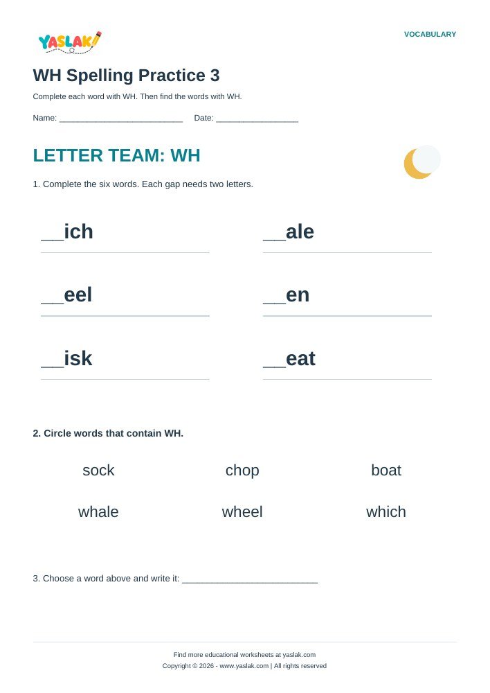 WH Spelling Practice 3 worksheet with YASLAK logo and copyright