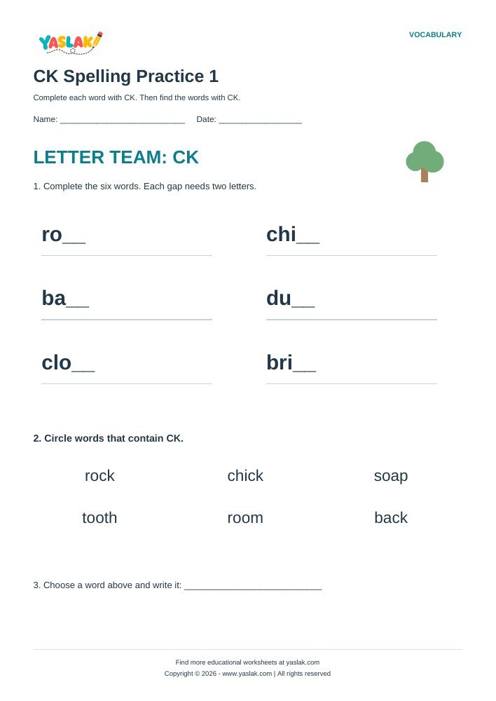 CK Spelling Practice 1 worksheet with YASLAK logo and copyright