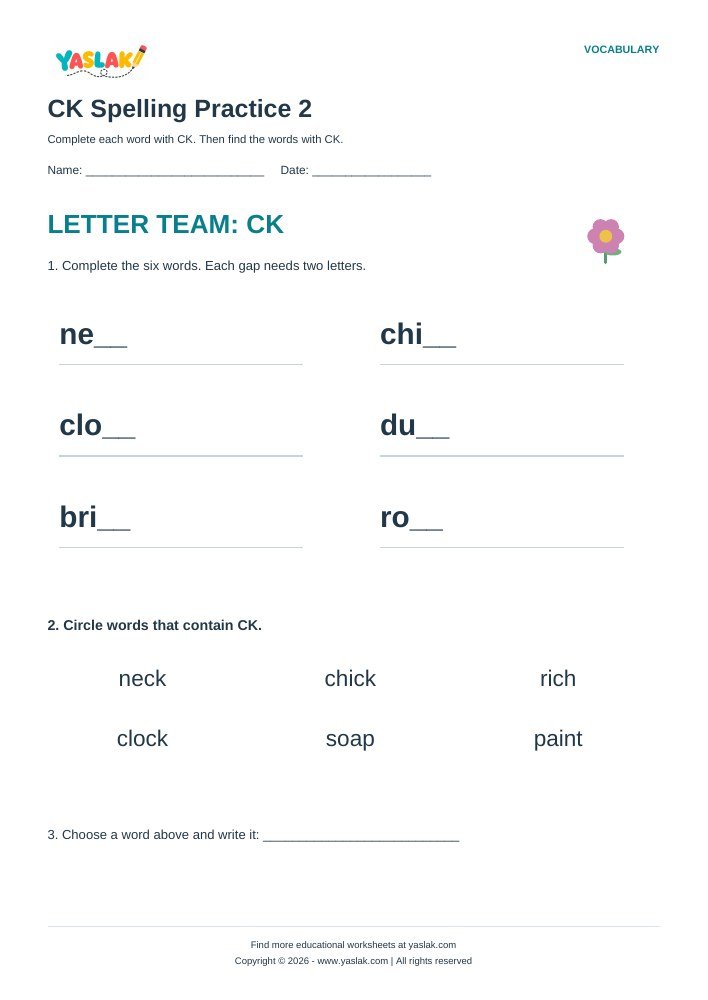 CK Spelling Practice 2 worksheet with YASLAK logo and copyright