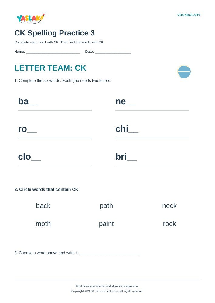 CK Spelling Practice 3 worksheet with YASLAK logo and copyright
